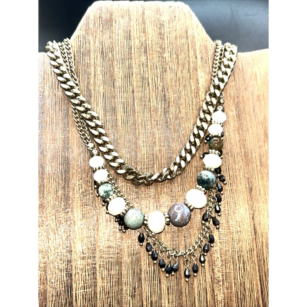Brass Tone Metal Chain And Beaded 3 Strand Necklace 14” (shortest Strand)
